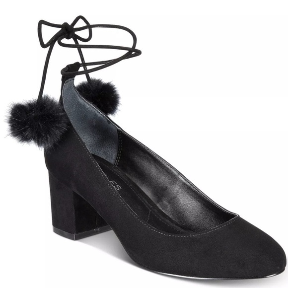 Charles by Charles David Lily 2.5 In Faux Suede Block Heel Round Toe Wrap Pom 8 - Picture 1 of 10